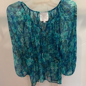 Johnny Was Teal Blue Floral Sheer Blouse